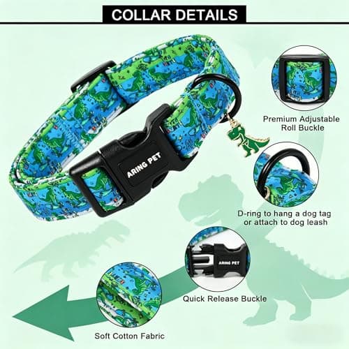 ARING PET Dinosaur Dog Collar, Cute Green Blue Boy Doggy Skate Dino Collars for Puppy Small Medium Large Male Dogs, for Daily Photos Summer Beach Walking Hiking Picnic-XL - Thumbnail 6