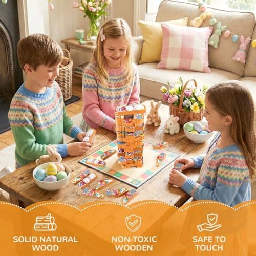 Easter Wooden Blocks Stacking Games, Bunny Egg Basket Theme Tumbling Tower and Balance Game for Adults, Kids, and Family Party, Stacking Board Toy with Storage Bag, Easter Party Activities Gifts - Thumbnail 4