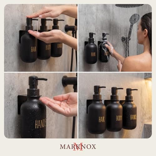 Black Soap Dispenser Set for Bathroom and Kitchen – 3-Packs Refillable Bottle Set, Soft Touch Pump Bottles Wall Mount Hooks Stickers Glue with Vanity Sink Placement Modern Design - Thumbnail 4