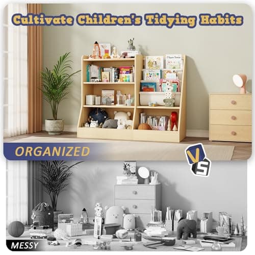 IKALIFE 39" Large Kids Wooden Bookshelf and Toy Storage Organizer, Baby Bookcase with Sling Book Rack, Children Toddler Wooden Book Shelf for kids rooms, Playroom, Classroom, Nursery, School (Natural) - Thumbnail 5