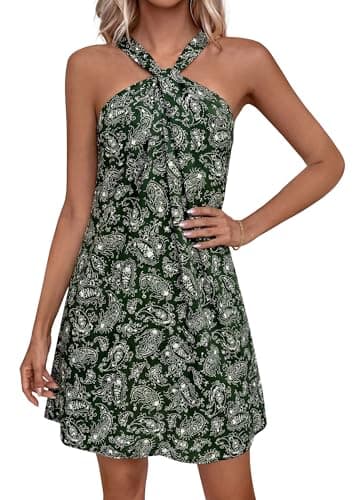 PRETTYGARDEN Womens 2026 Summer Halter Mini Dress Sleeveless Boho Floral Short Sundress Casual Flowy Beach Dresses (Floral Dark Army Green,Large) - Image 1