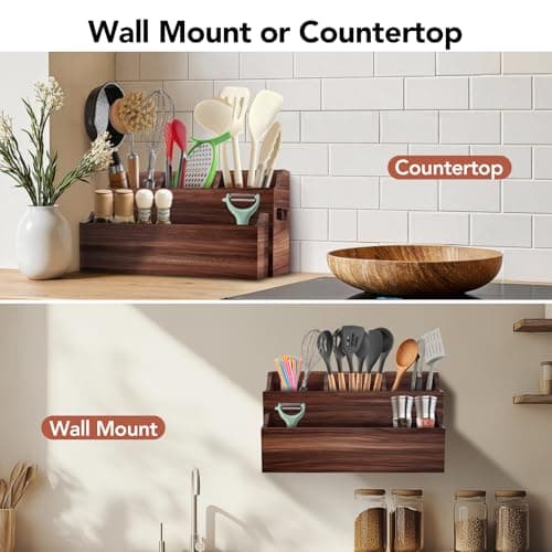 DIOLOVE Wooden Utensil Holder for Countertop with Spoon Rest, Farmhouse Kitchen Utensil Organizer with Compartments, Wall Mount Rustic Cooking Tool Caddy for Spatulas, Spoons, Ladles, Cutlery - Thumbnail 6