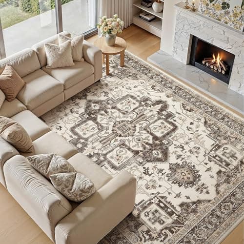 Jessibou Washable 8x10 Area Rug for Living Room - Vintage Distressed Carpet with Non-Slip Backing, Soft Stain Resistant Low Pile Indoor Rug for Bedroom & Dining Room, Kid & Pet Friendly -Dark Brown - Thumbnail 5