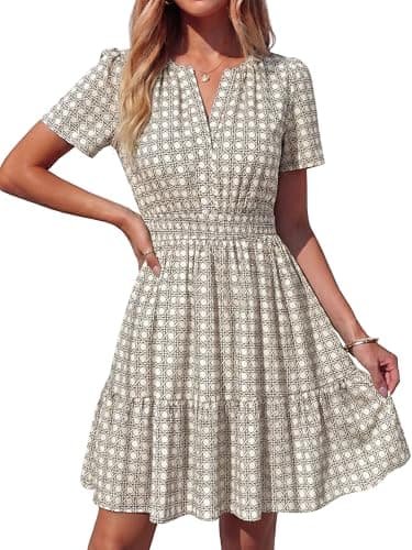 BTFBM Summer Dresses for Women 2026 Lightweight Casual Short Sleeve Floral Mini Dress A Line Beach Vacation Sundress(Light Khaki, Small) - Image 1