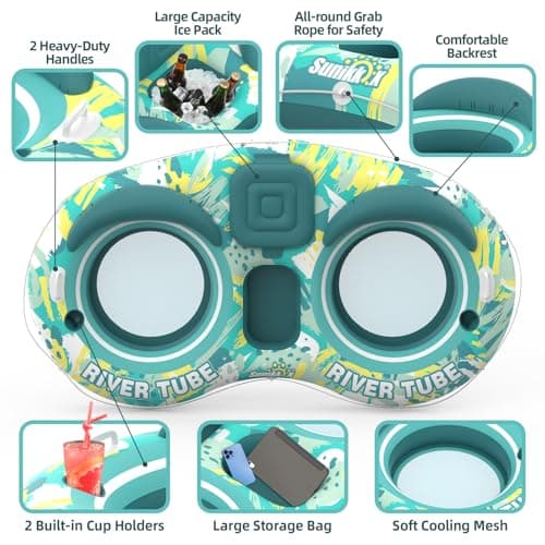 Sunikko X 5-in-1 Pool Floats Adult Heavy Duty River Tube, 2 Person Water Lounge Tanning Pool with Backrests, Built-in Cooler, Cup Holders, Deluxe Pool Toys for Summer Relaxation - Thumbnail 3