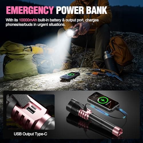 WdtPro Rechargeable LED Flashlights High Lumens, Super Bright 90000LM Rechargeable Flashlight with LCD Display, 5 Modes & Waterproof Powerful 10000mAh Handheld Flashlight for Camping Emergency Pink - Thumbnail 3