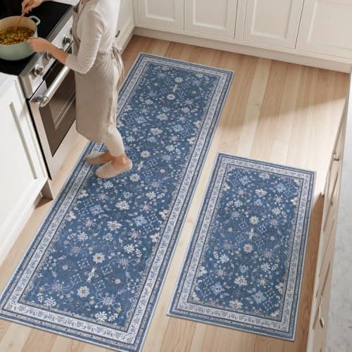 Ileading Kitchen Rugs Sets of 2 Non Slip, Washable Kitchen Mats for Floor with Rubber Bottom, Farmhouse Kitchen Carpet Runner Set for Office, Sink, Laundry, Navy Blue - Image 1