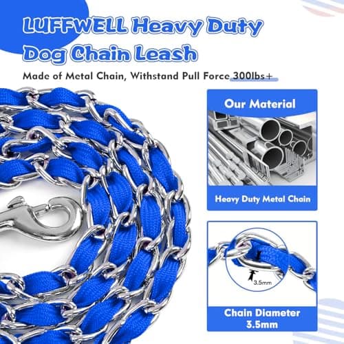 LUFFWELL Heavy Duty Metal Dog Chain Leash with Comfortable PU Leather Padded Handle, Chew Proof for Medium Large Pooch Walking Training (6FT 3.5mm Blue) - Thumbnail 2