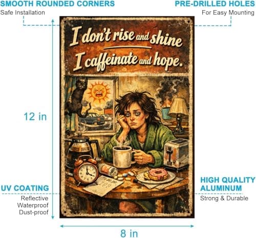I Don’t Rise And Shine I Caffeinate And Hope Tin Sign Funny Morning Coffee Humor Vintage Metal Wall Decor Sarcastic Quote Rustic Plaque Kitchen Office Home Bar Gift 8x12 Inch - Thumbnail 5