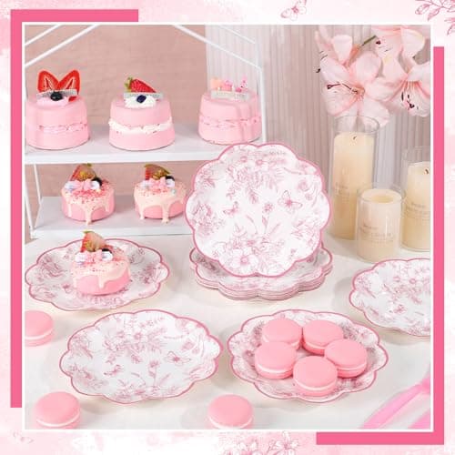 NatNarr 30 Pcs Pink Floral Paper Plates, 7 inch Tea Party Plates Vintage Flower Toile Plate Pink and White Dessert Plate Disposable for Baby Bridal Shower Birthday - Thumbnail 5