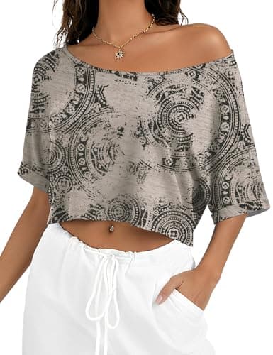 Kistore Women's Off the Shoulder Tops Summer Casual Short Sleeve T Shirts Cute Going Out Trendy Top Khaki Gearwheel S - Image 1