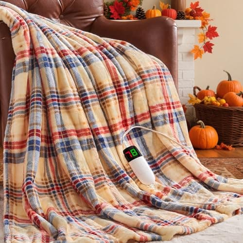 Brown Heated Blanket Electric Throw, 50X60 Heating Throw with 10 Heating Levels & 8 Hours Auto Off, Plaid Sherpa Blanket Warmer for Adults, Mothers Day Gifts for Mom, Farmhouse Home Decor for Couch - Image 1
