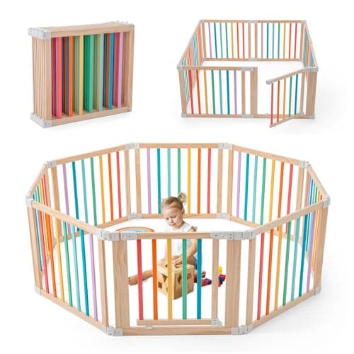 Gewitt Baby Wooden Playpen, Foldable Shape & Size Adjustable Playpen for Toddler and Babies, Wood Baby Play Yard with Locking Gate, Large Pack and Play for Play Area Indoor(Multicolor, 8 Panel) - Image 1