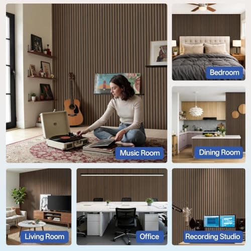 PIWA Wood Slat Acoustic Wall Panels, 4 Packs 92.9" x 11.8" Dark Walnut Soundproof Panel For Interior Wall Decor Noise Absorbing-3D Textured Wooden Panel Sound-Absorbing for Home, Office, Studio - Thumbnail 2
