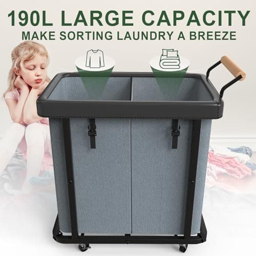 190L (50 Gal) Extra Large Fashion Laundry Hamper 2 Section with Lid, Rolling Laundry Basket Hamper with Handle, Laundry Organizer Storage Cart with Sturdy Metal Frame for Laundry Room,Hotel,Gray - Thumbnail 2
