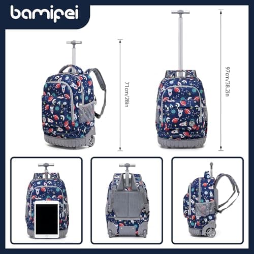 BAMIFEI 18 Inch Rocket Rolling Backpack for Kids, Rocket Roller Backpacks Kids Backpack Carry On Wheeled School Backpack, Spacious Multiple Compartments Quiet Wheels Travel Backpack for Boys - Thumbnail 3
