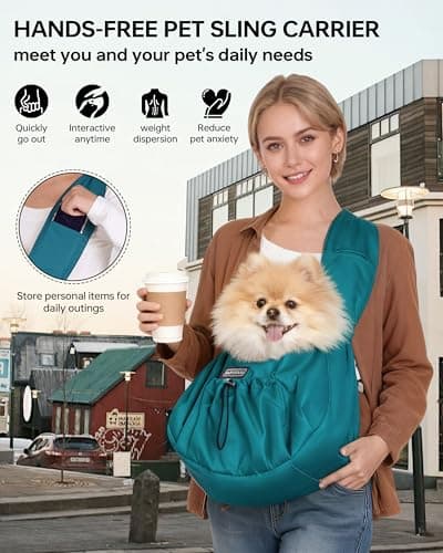 Puppy Sling Carrier for Small Dog-Widened and Thickened Shoulder Strap with Storage Pocket, Adjustable Hands-Free Small Dog Carrier Sling for Outdoor,Cat&Dog Sling Carrier 7-15 lbs. (Peacock Blue) - Thumbnail 3