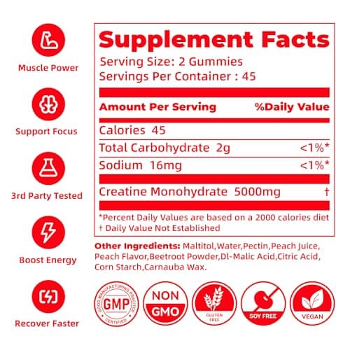 novomins Creatine Monohydrate Gummies for Men & Women, Chewables Creatine Monohydrate for Muscle Strength, Muscle Builder, Energy Boost, Pre-Workout Supplement-90 Peach - Thumbnail 6