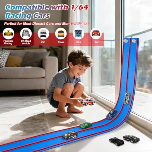 Flexible Race Track Toys for Kids, 15 Ft Flex Tracks Starter Set with Strong Suction Cups - Compatible with Hot Wheels and Diecast 1/64th Cars, Rolls up Portable Race Car Ramp Track (Red Blue) - Thumbnail 2