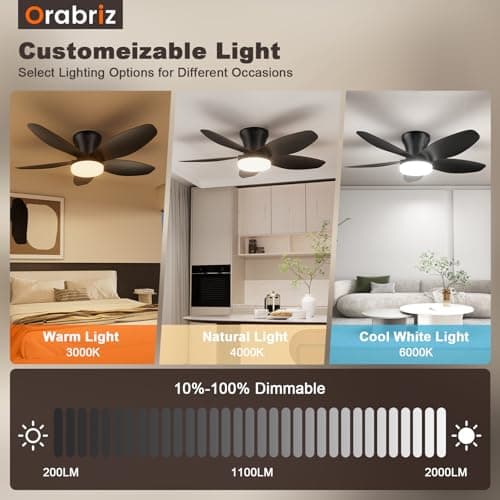 Orabriz 35 Inch Small Ceiling Fan with Remote Control and Dimmable LED Lights, DC Reversible 6-Speed Low Profile Fan Light, Modern Flush Mount Fans for Bedroom Living Room Indoor/Outdoor, Black - Thumbnail 5