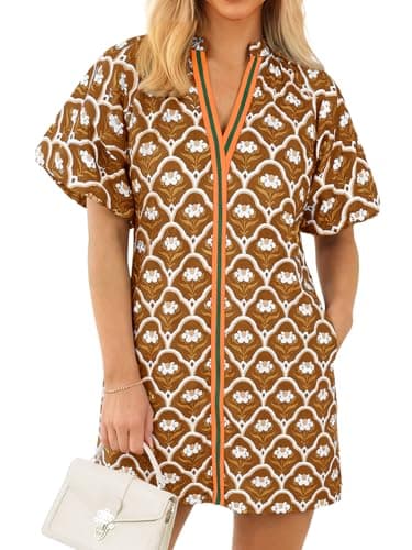 Wenrine Womens Summer Dresses Casual Floral Puff Sleeve V Neck Boho Loose Beach Mini Dress with Pockets Khaki - Image 1