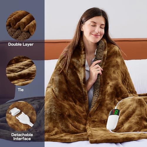 greenoak Heated Electric Blanket Throw, Faux Fur Sherpa Heating Blanket for Sofa Bed, Warm Winter Gifts for Dad/Grandma, Heater Lap Blankets 5-Position Timer &10 Heating Levels 50''*60" Brown - Thumbnail 2