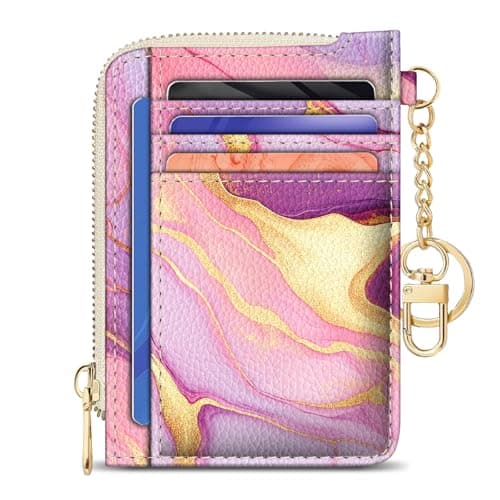 GIANCOMICS Slim Wallet Credit Card Holder Women, Pink Marble Rfid Blocking Small Card Case, Keychain Thin Pocket Curved Zipper Wallet, Travel Card Holder PU Leather ID Window, Ladies Female Gifts - Image 1
