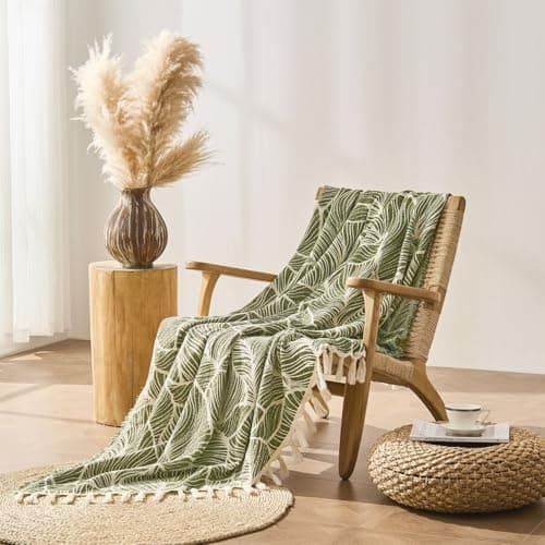 DOWN HOME Chenille Cotton Throw Blanket for Couch, Lightweight Boho Blanket for Bed Sofa Chair Living Room Outdoor Soft Woven Decorative Blanket with Tassel Gift Olive Leaves 55"x60" - Thumbnail 2