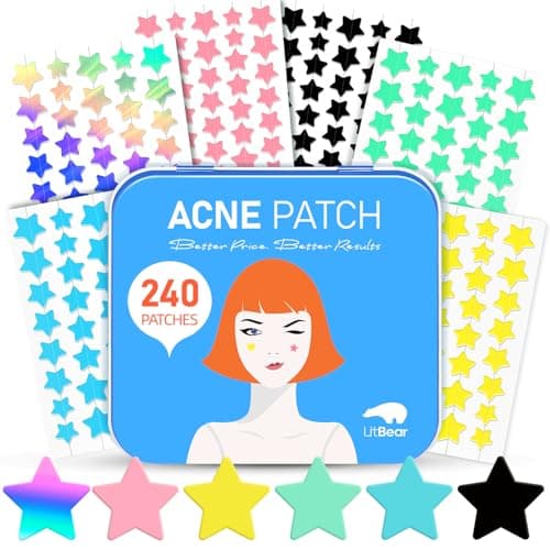LitBear Acne Patch Pimple Patch, 6 Colors 240 Dots Star Pimple Patches with Tea Tree Oil & Centella Oil, Hydrocolloid Acne Pimple Patches for Face Cute Zit Patches Pimple Stickers Acne Dots - Image 1