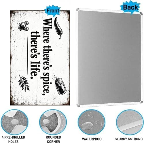 Where There’s Spice There’s Life Vintage Tin Sign Rustic Kitchen Wall Decor Metal Plaque Farmhouse Cooking Quote Art Dining Room Pantry Cafe Typography 8x12 Inch Pre Drilled Holes - Thumbnail 5