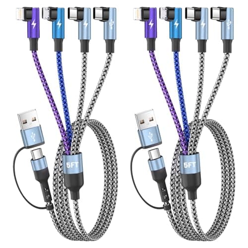 Travel Essentials 90 Degree Multi Charging Cable, 5FT 2Pack Nylon USB A/C Cord Right Angle 4 in 2 Charging Cable, USB Cable Charger Cord with Dual Type -C/Micro/L Port for iPhone 17 16 Galaxy S25 iPad - Image 1