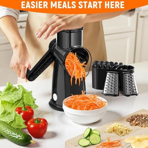Rotary Cheese Grater Hand Crank with 5 Interchangeable Blades, Vegetable Chopper Spiralizer Slicer for Fruit Vegetable Nuts, Mandoline Slicer for Kitchen with Blades Rack & Suction Base, Black - Thumbnail 6