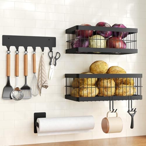 Nieifi Hanging Fruit Basket 4 Pack, Wall Mounted or Adhesive Kitchen Storage Baskets with Hooks Rack & Paper Towel Holder for Pantry, Fruit & Vegetable Storage - Image 1