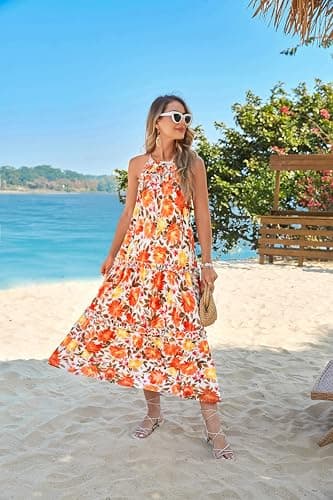 GRACE KARIN 2026 Women's Floral Halter Maxi Dress Boho Summer Beach Sundress with Tiered Ruffle Skirt Orange Medium Large Flowers M - Thumbnail 3