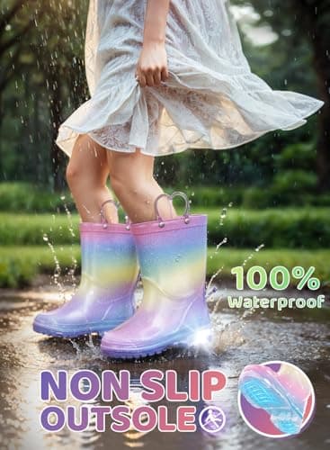 Funspread Girls Toddler Rain Boots - Glitter Light Up Kids Rain Boots with Easy-On Handles, Lightweight Waterproof Rain Shoes Glitter Sparkle Rainbow Size 5 - Thumbnail 3