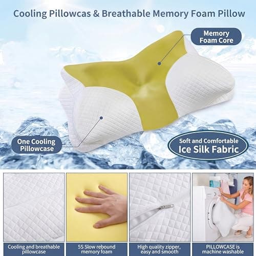 Cervical Neck Pillow for Pain Relief - Ergonomic Cooling Neck Support Pillow,Orthopedic Contour Memory Foam Side Sleeper Pillows with Breathable Ice Silk Pillowcase for Side Back Stomach Sleeper - Thumbnail 4