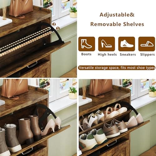 HUAHUU Shoe Cabinet with 3 Flip Drawers, Freestanding Shoe Storage Cabinet for Entryway with Adjustable Shelf, Hidden Wood Shoe Cabinets for Hallway, Living Room, Rustic Brown - Thumbnail 3