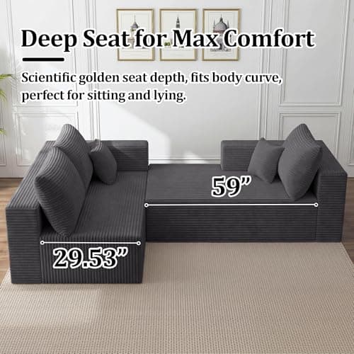 108" Modular Sectional Sofa, L-Shaped Cloud Couch with Deep Seats & Chaise, Convertible Corduroy Boneless Couches for Living Room, Bedroom, No-Assembly - Dark Grey - Thumbnail 4
