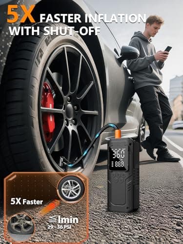 AIRSURE Tire Inflator Portable Air Compressor, 5X Faster Air Pump for Car Tires with Powerful Battery, 12V DC & Autostop, 150PSI Cordless Tire Pump for Car, Motorcycle, Bike, Balls - Thumbnail 2