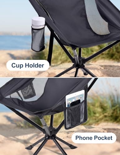 Docusvect Swivel Portable Camping Chair for Adults, Fast Setup, Lightweight & Small Folding Chair with Cup Holder, Side Pocket and Carry Bag - Support 330 LBS - Thumbnail 6