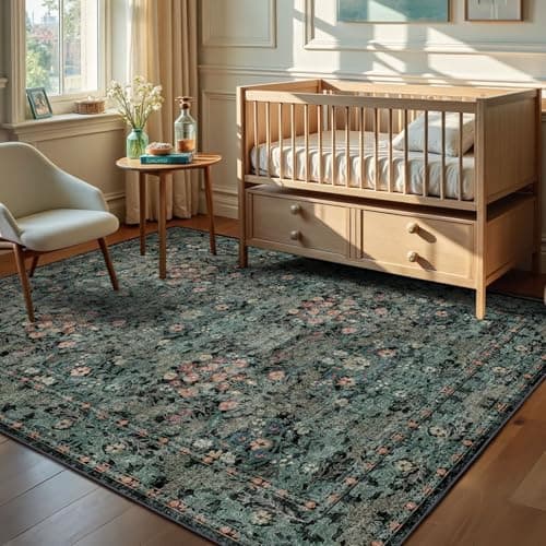 Farmhouse Dark Green Dining Room Rugs for Under Table - 6x9 Washable Cottagecore Distressed Low Pile Non Slip Flora Rug for Living Room, Bedroom, Nursery, Home Office - Soft Boho Moody Accent Mat - Thumbnail 5