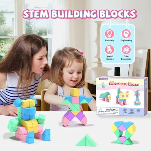Hiwawind 40Pcs Magnetic Blocks, 1-Inch Soft Rainbow Magnetic Cubes (Triangles & Quarter Circles), Montessori Sensory Autism Toys for Boys & Girls, for Kids Ages 3+ - Thumbnail 6