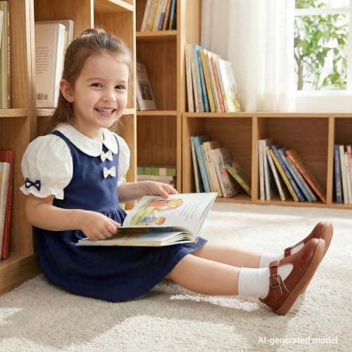 WIDE TOE BOX Toddler Girl Mary Jane Flats Wide Princess Ballet Dress Shoes Lightweight Non-Slip School Uniform Shoe for Party Wedding Church Brown Toddler Size 8 - Thumbnail 2