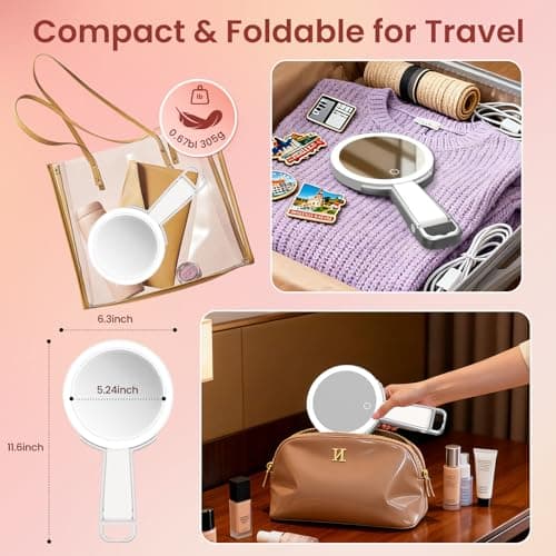 Makeup Mirror with Lights, 10X /1X Double-Sided Lighted Makeup Mirror with Magnification, Rechargeable Magnifying Mirror with 3 Color Lights, Portable Make up Mirror 3 in 1 Tabletop/Handheld/Hanging - Thumbnail 4