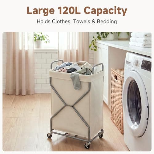 StorageWorks Laundry Basket with Wheels, 120L Rolling Laundry Hamper with Removable Bag and Handles, Laundry Cart for Storage and Organizer, Beige - Thumbnail 4