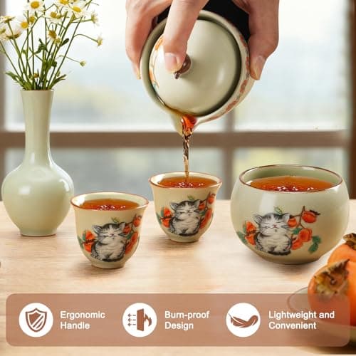 Mini Tea Cups,Cute Lucky Cat Cups,Small Tea Mugs,Porcelain Gongfu Tea set with 3 in 1,Tea Sets for Adults,Ceramic Tea Infuser Cup for Loose Leaf for Women/Tea Lovers/Birthday/Mother's Day (Green) - Thumbnail 4