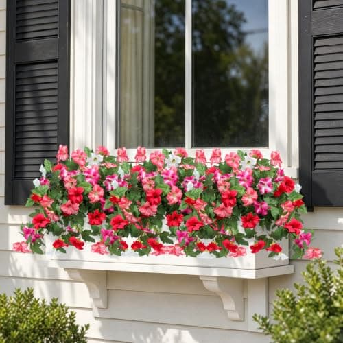 Flortevera Artificial Fake Flowers Plants for Outdoor UV Resistant, 2PCS Silk Faux Petunias No Fade Summer for Outside Planter Front Door Porch Yard Patio Balcony Realistic Decoration Red Pink - Thumbnail 6