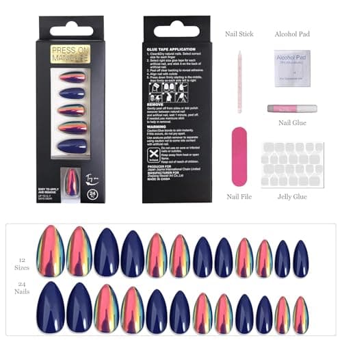 ZANVIA Acrylic Press On Nails Blue Almond - Nail Kit Iridescent Chrome Reusable Manicure for Women, 24 Nails in 12 Sizes with Glue, Adhesive Tabs, File, Prep Pad, Manicure Stick - Thumbnail 5