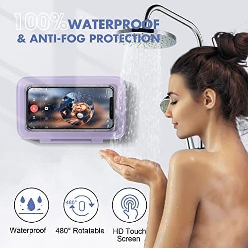 LC-dolida Shower Phone Holder Waterproof 480 Rotation Phone Stand Case Mount for Bathroom Batheub Kitchen Wall Mirro Compatible with iPhone 17 16 15 14 13 Plus Pro Max XS XR Women Men Gift - Thumbnail 2