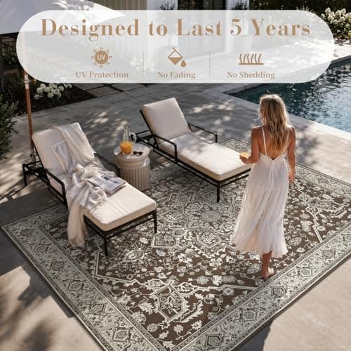 AMOAMI-Outdoor Rug-Patio Rug 5x8 ft Quick Dry Flatweave Textured Machine Washable Outdoor Carpet with Rubber Particles Backing Vintage Outdoor Area Rug for Patio Deck Front Porch Balcony Brown - Thumbnail 2